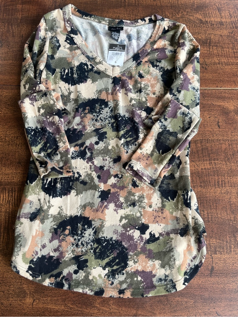 NWT Rue 21 Small Camo Paint Splatter Thin Sweater Olive Black Y2K Grunge Utility